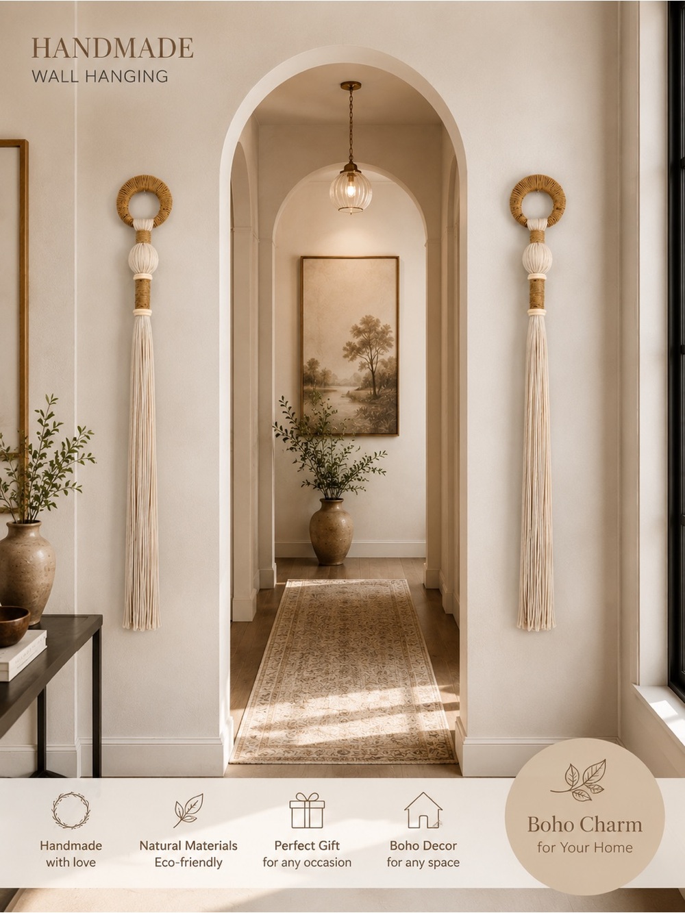 Handmade Boho Wall Hanging - 45” Long Cream Macramé Tassel Decor